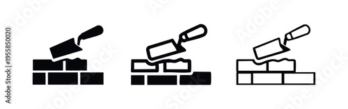 Masonry Trowel Working on Brick Wall Icon Set, representing construction and building a structure in vector art