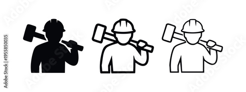 Construction Worker with Sledgehammer Icon Set, illustrating a laboring builder or demolition worker in vector styles