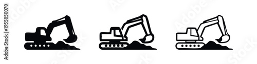 Excavator Digging Earth Construction Equipment Icon Set