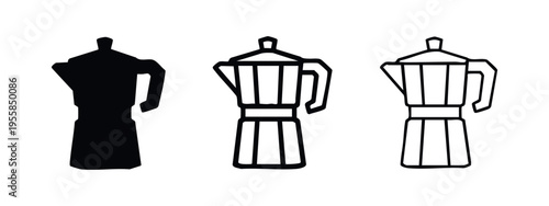 Moka pot coffee maker icon set in three styles for coffee-related designs and web elements.