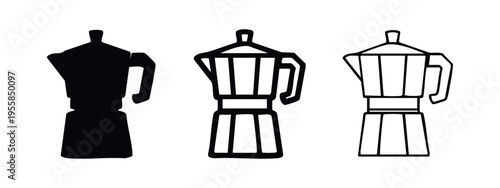 Classic moka pot coffee maker vector icon set for cafe menus and espresso enthusiasts.