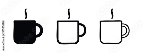 Steaming Coffee Mug Icon Set: Hot Drink Symbols in Glyph, Outline, and Hand-Drawn Styles