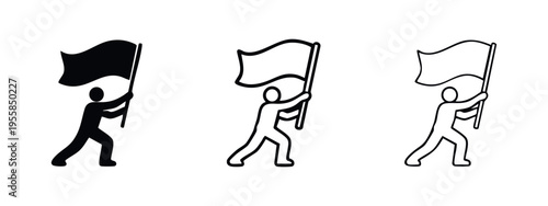 Person walking and holding a waving flag icon set. Leader, demonstrator, or winner concept in various styles.