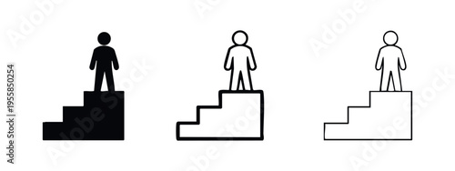 Person on podium icon set. Winner standing on stairs, symbol of success, leadership, and accomplishment.