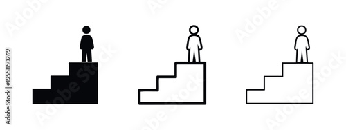 Achievement and success icon set, man standing on top of stairs or pedestal in solid and outline styles. Career progress pictogram.