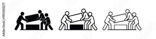 Two people lifting object icon set, demonstrating teamwork and collaboration in solid and outline styles. Heavy lifting pictogram.