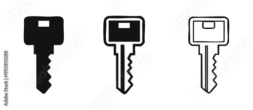 Contemporary house or car key icon set with flat head in solid and outline styles. Access key symbol for home or auto security.