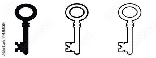 Vintage skeleton key icon set with classic design in solid and outline styles. Old antique key symbol for access and security.