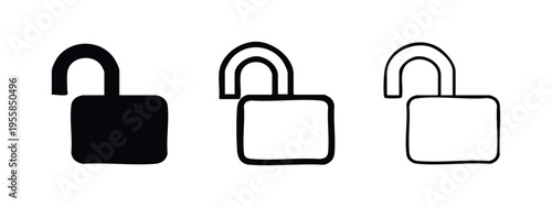 Unlock Padlock Icon Collection. Open Lock, Freedom, and Access Control Symbol. Security Status Indicator.