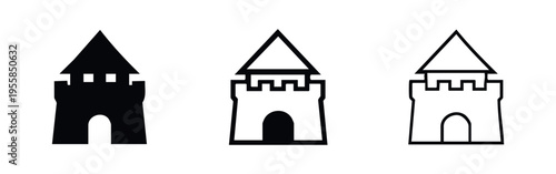 Castle Tower Icon Set with Pointed Roof and Battlements in Solid, Filled Outline, and Outline Styles