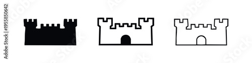 Medieval Castle Icon Set with Battlements and Arched Entrance in Solid, Filled Outline, and Outline Styles
