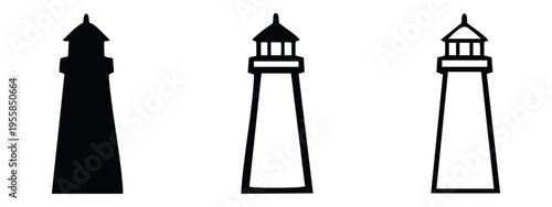 Classic Lighthouse Icon Set with Conical Roof in Solid, Filled Outline, and Outline Styles