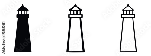 Modern Lighthouse Icon Set with Detailed Lamp Room in Solid, Filled Outline, and Outline Styles
