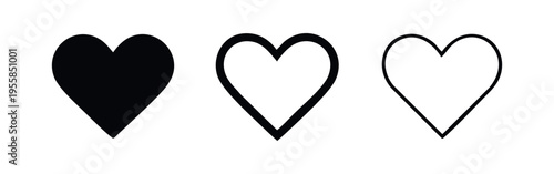Heart Love Icon Set. Valentine's Day and romance symbols in solid, thick outline, and thin outline styles.