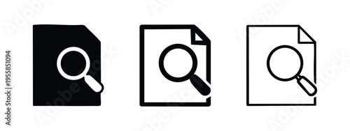 Search document icon set with magnifying glass, sketchy style