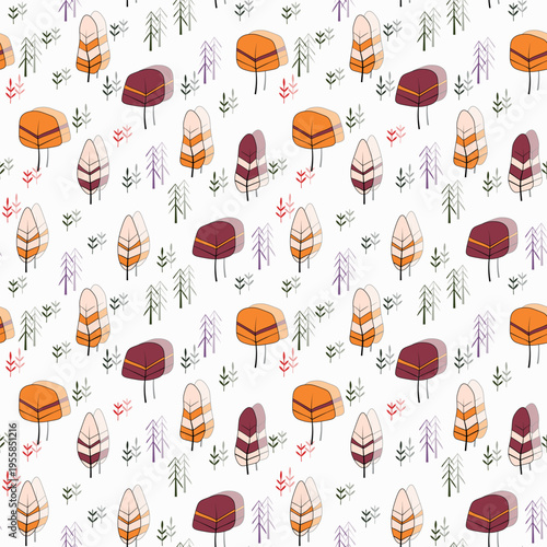 Seamless pattern with trees, plants. Color vector background. Spring, autumn tree for your design. Eco idea concept. Print design for wallpapers, fabric, textile.
