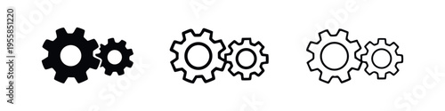 Gear settings icon set. Cogwheel mechanism symbol collection in black and white, various styles.