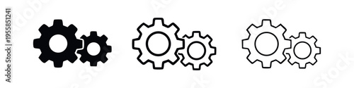 Cogwheel mechanism icons. Settings and process symbols in various styles for technology and engineering.