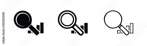 Data search and analysis icons. Magnifying glass over bar chart symbols for business research and statistics.
