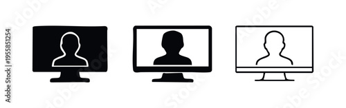 User profile icon set. Monitor with person symbol for online account, video calls, and social networks.