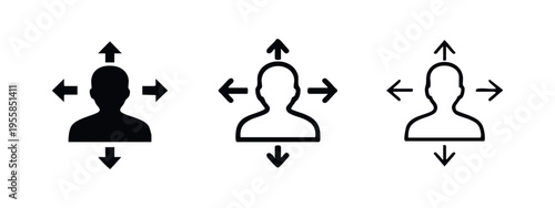Person with directional arrows icon set, choice, decision, and flexibility concept