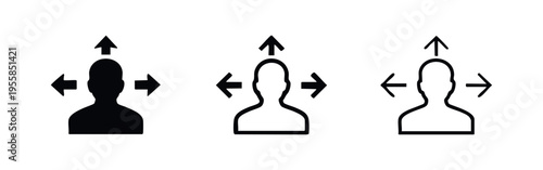 Person with upward and side arrows icon set, growth, expansion, and multi-directional movement