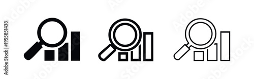 Magnifying glass over bar chart icon set, data analysis and market research symbol