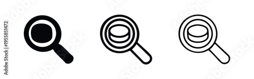 Magnifying glass with oval shape search icon set. Data analysis, inspection, and research symbol.