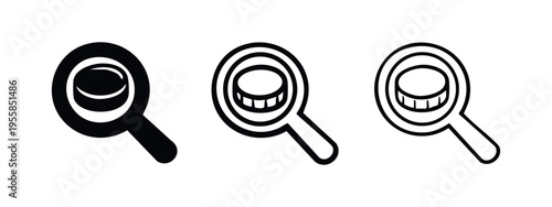 Magnifying glass with coin or financial search icon set. Digital economy investigation and money analysis symbol.