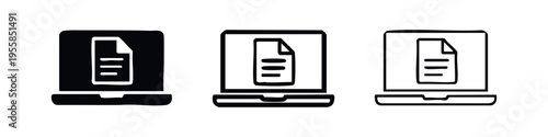 Laptop with document file icon set. Digital data, report, and online information symbol.