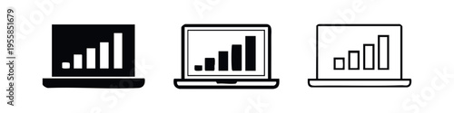 Laptop signal icon set. Network strength or data chart on a notebook in glyph and line styles.