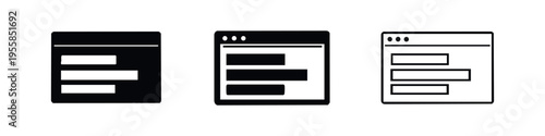 Browser window icon set. Web page content or document layout in glyph and line styles.