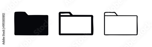 Three hand-drawn style folder icons. Document, file, and data storage symbol in solid, outlined, and sketchy styles.
