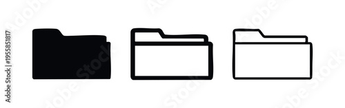 Three hand-drawn style folder icons. Document, file, and data storage symbol in solid, outlined, and sketchy styles.