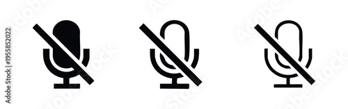 Mute microphone icon set. Simple black mic audio off symbol for interface design and web applications.