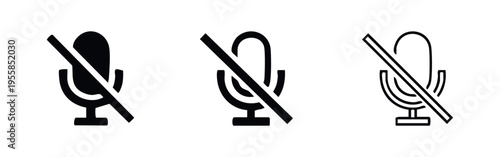 Mute microphone icon set. Simple black mic audio off symbol for interface design and web applications.