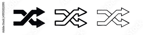 Shuffle random playback icon set. Intertwined black arrows for music, media player interfaces, and web design.