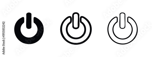 Power on off button icon set in various styles. User interface elements for start, shutdown, and toggle functions.