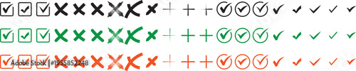 Check mark icon set, professional success and approval symbols, minimalist vector illustration of tick marks.Circle and square. Tick symbol in green color, check mark and red cross icon design and Han
