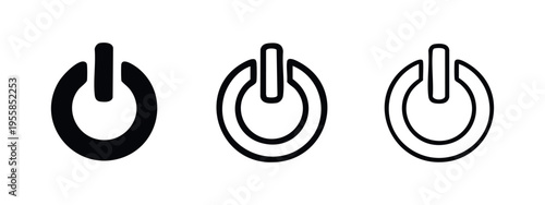 Power on off button icon set in various styles. User interface elements for start, shutdown, and toggle functions.