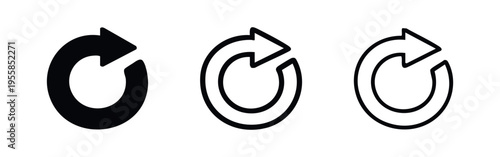 Reload and refresh icon set in various styles. Circular arrow symbols for update, sync, and restart functions.