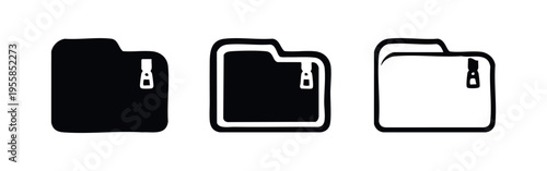 Zipped folder icon set in various styles. UI graphic elements for compressed files and data storage.