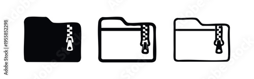 Zipped Folder Icon Set. Collection of compressed file archive symbols in solid, outlined, and bold styles.