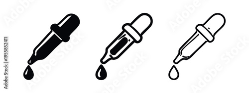 Dropper icon set with liquid drop. Pipette, medicine, chemistry and laboratory instrument symbol.
