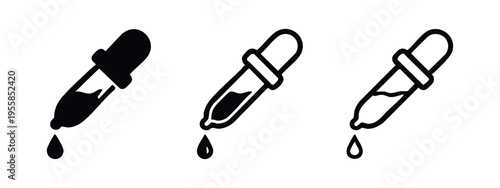 Dropper icon set with liquid level and falling drop. Medical and scientific instrument symbol.