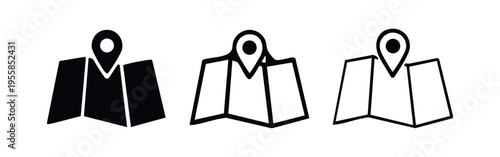 Folded map with location pin icon set. Navigation, travel and destination symbol.