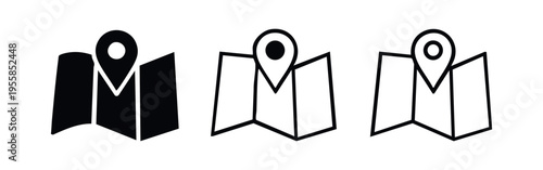 Folded map and location pin icon set. Navigation, travel, and geographical point symbol.