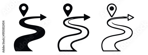 Winding road route with location pin and arrow icon set. Journey and navigation path symbol.