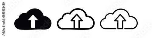 Cloud Upload Icon Set with Upward Arrow in Flat and Outline Styles