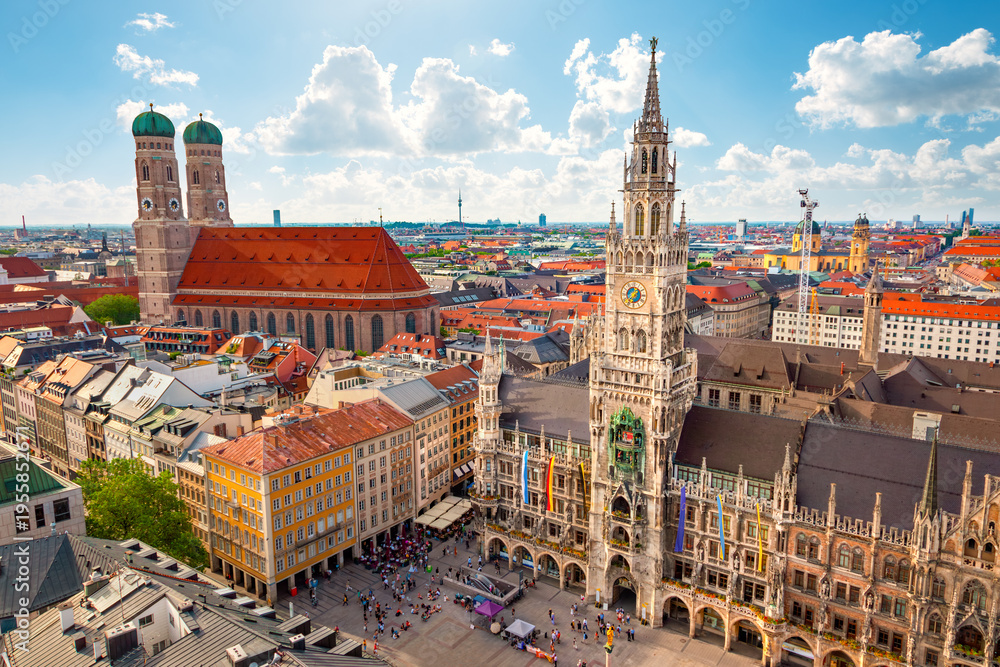 Fototapeta premium Aerial view of Marienplatz Square and New Town Hall in Munich
